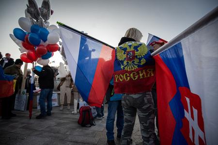 A supporter of Russia during one of the so-called "True march for peace" events. 