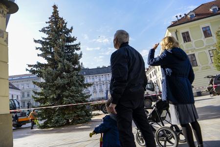 People watch Bratislava's Christmas tree being erected on the Main Square on November 2, 2022. 