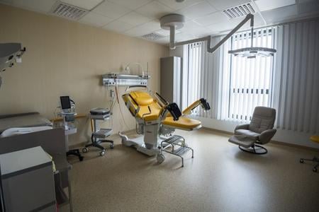 The delivery room during the opening of the new Bory Hospital.