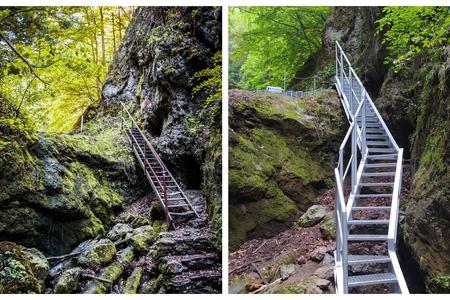 Old ladder in canyon (left) was replaced by new one (right).