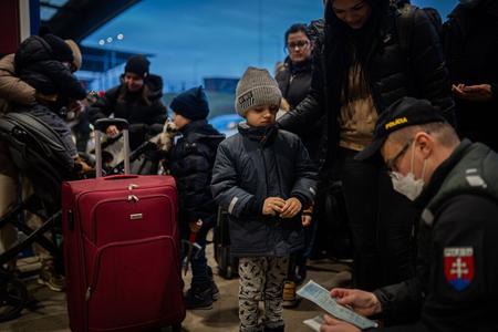 People fleeing war in Ukraine at the border crossing in Vyšné Nemecké, eastern Slovakia. 