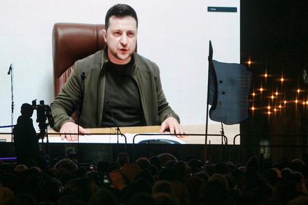 Ukrainian President Volodymyr Zelensky addressed the crowd.