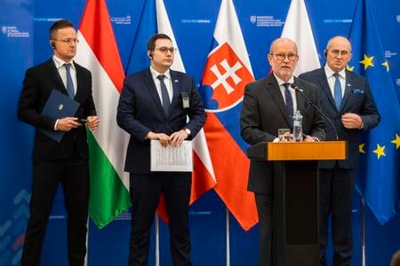 Visegrad Group foreign ministers. From left: Péter Szijjártó from Hungary, Ján Lipavský from the Czech Republic, Rastislav Káčer from Slovakia and Zbigniew Rau from Poland on December 6, 2022, in Bratislava.