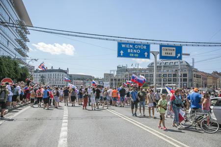 Protesters blocked the roads near Hodžovo Square on July 29, 2021.