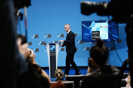 NATO Secretary General Jens Stoltenberg arrives for a media conference during an extraordinary NATO summit at NATO headquarters in Brussels, March 24, 2022
