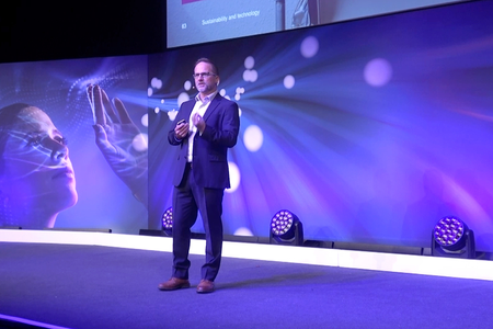 Scott Stonham presents the topic of sustainability to about 600 employees at an internal company event at the ICC in Birmingham. 