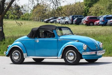 An old-style Volkswagen Beetle, pictured during a classic car rally in May 2019 in western Slovakia.