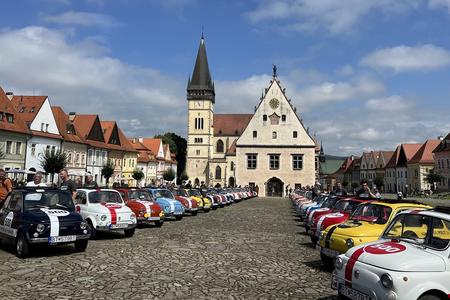 OĽaNO's Fiat 500 cars in the town of Bardejov, eastern Slovakia.