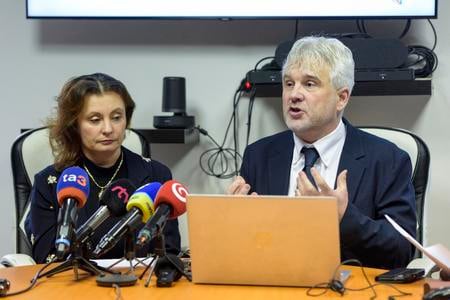 Children's Commissioner Jozef Mikloško (r), speaking during a press conference.