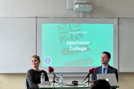 Zuzana Kovačič Hanzelová and James Thomson at Spectator College discussion.