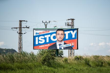 Milan Uhrík, head of the far-right Republika, on a billboard in June 2023.
