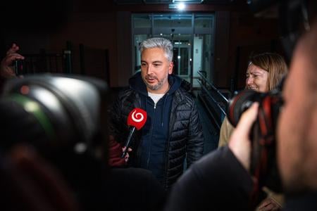Košice Self-Governing Region Chair Rastislav Trnka talks to journalists outside the Specialised Criminal Court in Pezinok, western Slovakia, on February 19, 2023.
