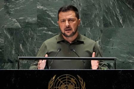 Ukraine's President Volodymyr Zelensky addresses the 78th session of the United Nations General Assembly, Tuesday, Sept. 19, 2023.