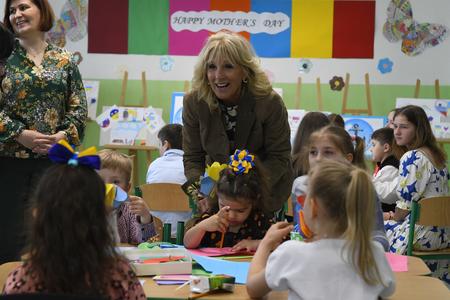 U.S. First Lady Jill Biden visits a primary school on Tomášikova Street in Košice on May 8, 2022.