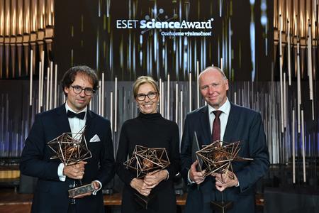 This year's ESET Science Award laureates, from left: mechanochemist Matej Baláž, autism researcher Daniela Ostatníková, and polymer chemist Igor Lacík.