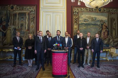Bratislava mayor Matúš Vallo and the mayors of Bratislava boroughs during a press conference on November 14, 2023.