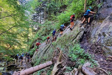 Climbers at the start of the via ferrata climb in Martinky, central Slovakia.