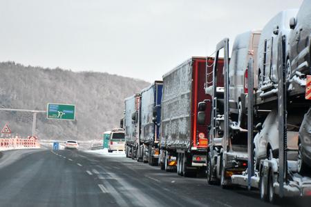 Lorries near Bidovce, eastern Slovakia, on December 3, 2023. They are parked in connection with the blockade of the Vyšné Nemecké border crossing and the density of truck traffic heading to the border with Ukraine.