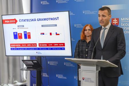 Education Minister Tomáš Drucker presents Slovakia's Pisa results in Bratislava on December 5, 2023.