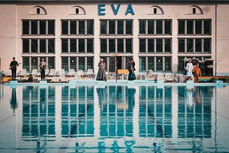 Actors in front of the pool at the Eva swimming pool in Piešťany.