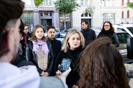 The Rector of the Academy of Fine Arts and Design, Bohunka Koklesová, during a press conference of the Cultural Strike! initiative in front of the building of the Culture Ministry on the topic: The abolition of the Monument Protection Department and the dismissal of expert employees of the Monument Office, and its impact on the activities of the PÚ as well as the protection of monuments in Slovakia.