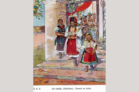 Postcard of wedding by Czech artist Jaroslav August.