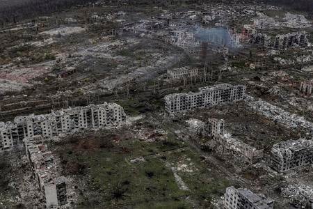 An aerial view of Chasiv Yar shows the frontline city in ruins after heavy fighting between Russian and Ukrainian forces for over a year, Donetsk Region, Ukraine, November 11, 2024. 