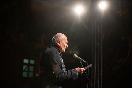 Veteran KDH MP František Mikloško speaks during a November 17 opposition gathering in Bratislava marking the anniversary of the Velvet Revolution.