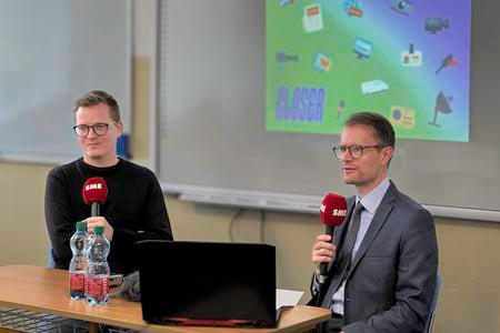 Matúš Banovič with The Slovak Spectator moderator James Thomson.