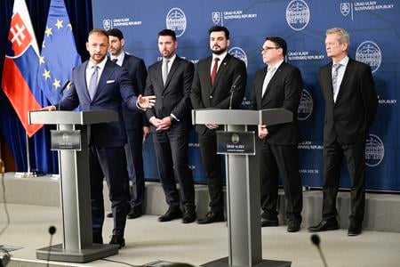 In the image, on the left in the foreground, is the Interior Minister Matúš Šutaj Eštok (HLAS), speaking during a press conference after the 178th extraordinary meeting of the Security Council at the Government Office of the Slovak Republic on Friday, January 10, 2025, in Bratislava.