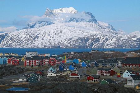 Nuussuaq district in Nuuk, the capital of Greenland, with the Sermitsiaq mountain in the background.