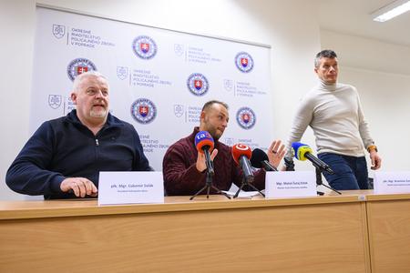 Pictured from right: Police Inspectorate Director Branislav Zurian, Interior Minister Matúš Šutaj Eštok (Hlas), and Police Chief Ľubomír Solák during a short press briefing in Poprad, eastern Slovakia, on January 18, 2025.