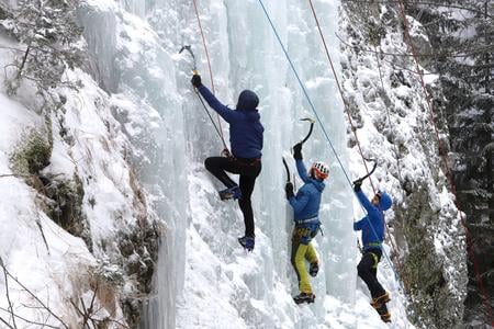 Climbers on the Skalka icefall near Kremnica, central Slovakia.