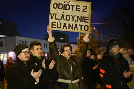 A protest in Humenné, eastern Slovakia. The caption reads "Leave the government, not EU and NATO.