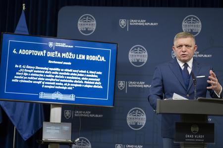 Prime Minister Robert Fico (Smer) gestures during a press conference on the topic "Constitutional Barrier Against Progressivism" in Bratislava on Monday, January 27, 2025.