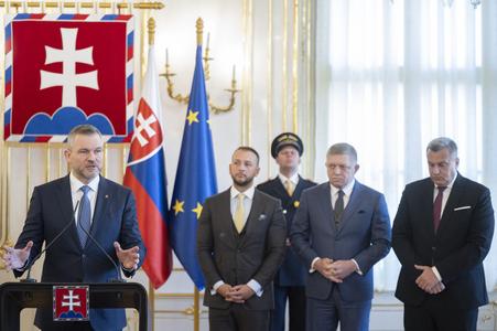 In the photo, from left: President of Slovakia Peter Pellegrini, Hlas party leader and Interior Minister Matúš Šutaj Eštok, Smer party leader and Prime Minister Robert Fico, and Slovak National Party (SNS) leader and Deputy Speaker of Parliament Andrej Danko during a press conference following a roundtable meeting of political parties on Slovakia’s foreign policy orientation, organised by the head of state at the Presidential Palace in Bratislava on Tuesday, February 4, 2025.