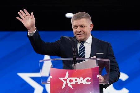 Slovakia's Prime Minister Robert Fico speaks at the Conservative Political Action Conference, CPAC, at the Gaylord National Resort & Convention Center, Friday, February 21, 2025, in Oxon Hill, Meryland, USA.