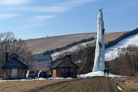 Mountain Resuce Service members training on the ice tower in Oravská Polhora.