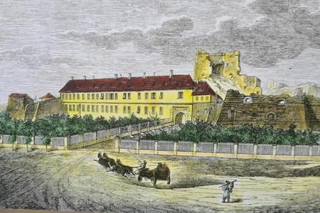 An illustration from an 1857 historical newspaper depicts the surroundings of Levice Castle and the Dobó Mansion.