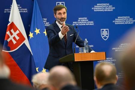 Slovak Foreign Minister Juraj Blanár delivering a speech at the "Slovak Republic and Slovaks Abroad 2024" conference at the Foreign Ministry in Bratislava on October 24, 2024.
