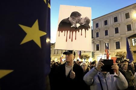 Protesters during the anti-government rally "Slovakia is Europe" at Freedom Square in Banská Bystrica on 7 March 2025.
