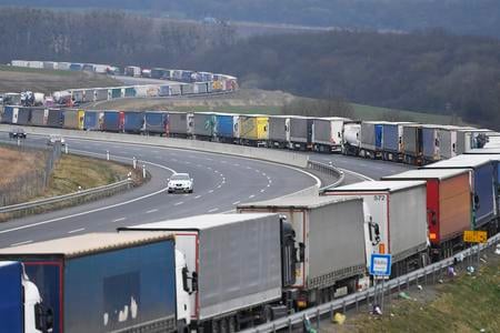 A line of parked lorries on the D1 motorway near Bidovce, heading away from Košice, on 10 March 2024.