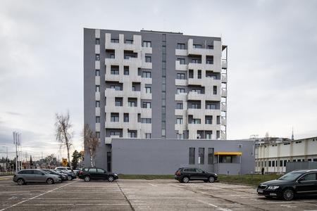 The former AB Kozmetika building on Račianska Street in Bratislava, now converted into an apartment complex.