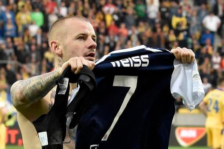 Vladimír Weiss ml. takto oslávil víťazný gól Slovana na pôde Dunajskej Stredy v máji 2023.