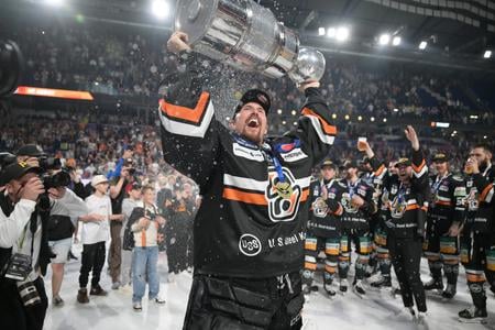 Košice player Jaroslav Janus with the championship trophy after Game 7 of the Tipos Extraliga playoff final between HC Košice and HK Nitra on 29 April 2025 in Košice.