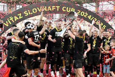 Spartak Trnava players celebrate winning the Slovak Cup for the 2024/25 season on Thursday, 1 May 2025, in Dunajská Streda.