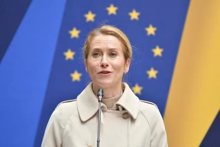 EU foreign policy chief Kaja Kallas speaks with journalists during a briefing at the informal meeting of foreign ministers from EU member states and Ukraine, held in Lviv, Ukraine, on 9 May.