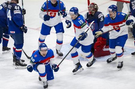 Na snímke gólová radosť slovenských hokejistov  počas zápasu základnej A-skupiny Slovensko - Francúzsko.