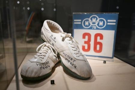 Running shoes that belonged to Japansese runner Takeshi So who won the marathon in 1976.