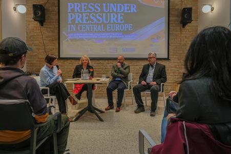 Speakers at the Press Under Pressure debate (from left): Beata Balogová, Marius Dragomir and Tamás Bodoky.